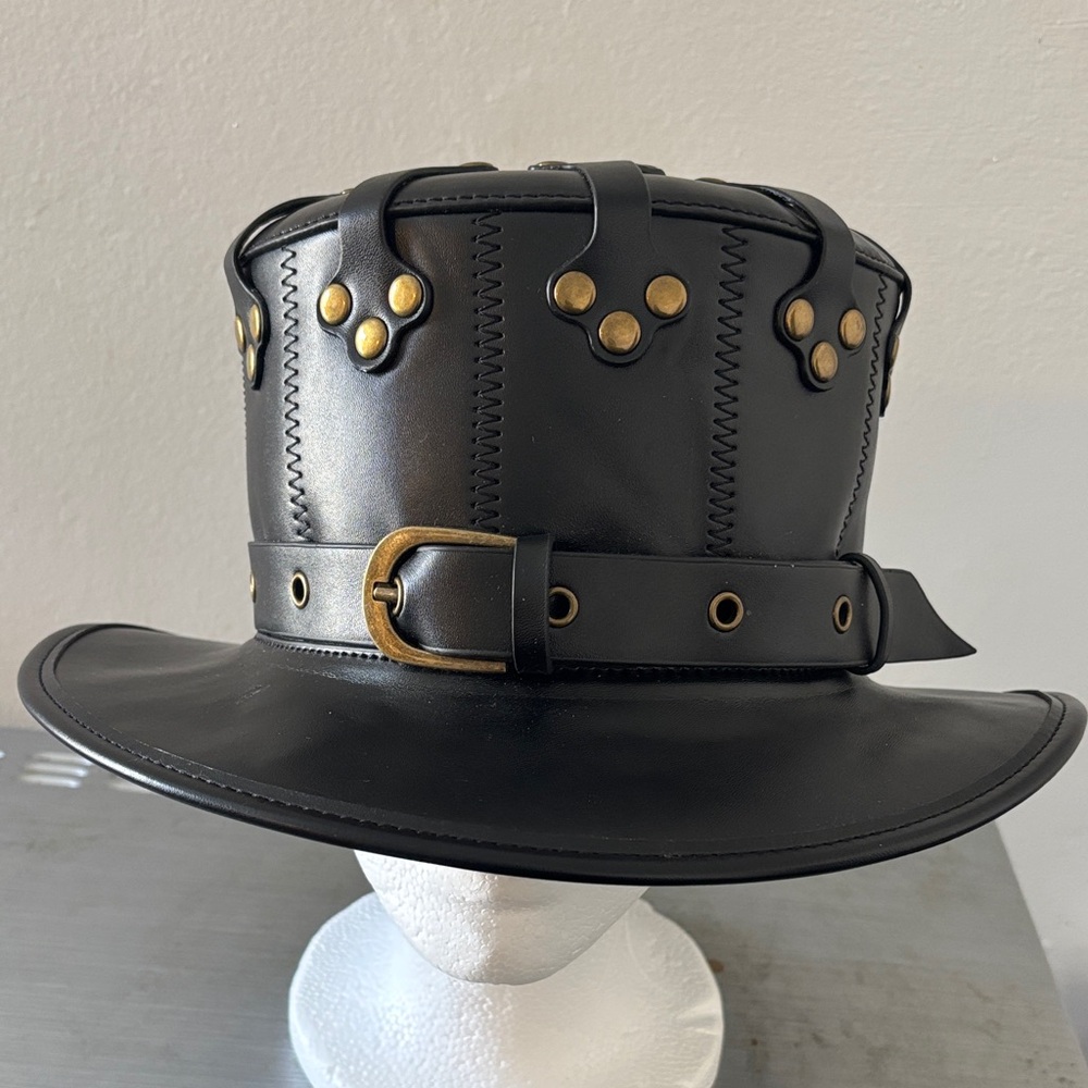 Black Leather Steampunk Belted Top Hat - Men Accessories